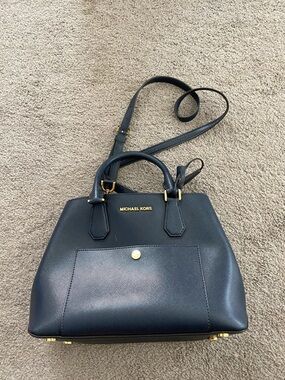 Michael Kors Navy Saffiano Leather Satchel with Gold Hardware
